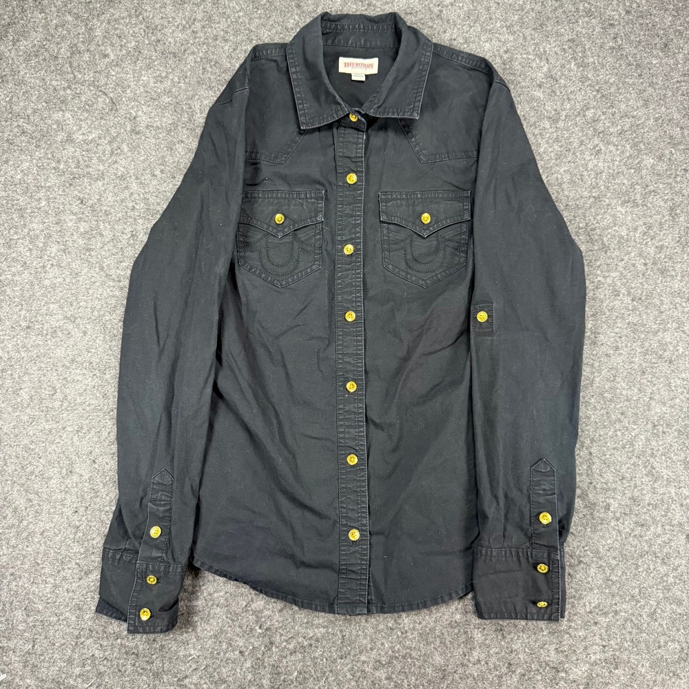 True Religion Shirt Womens XS Black Denim Western Button Up Gold Hardware